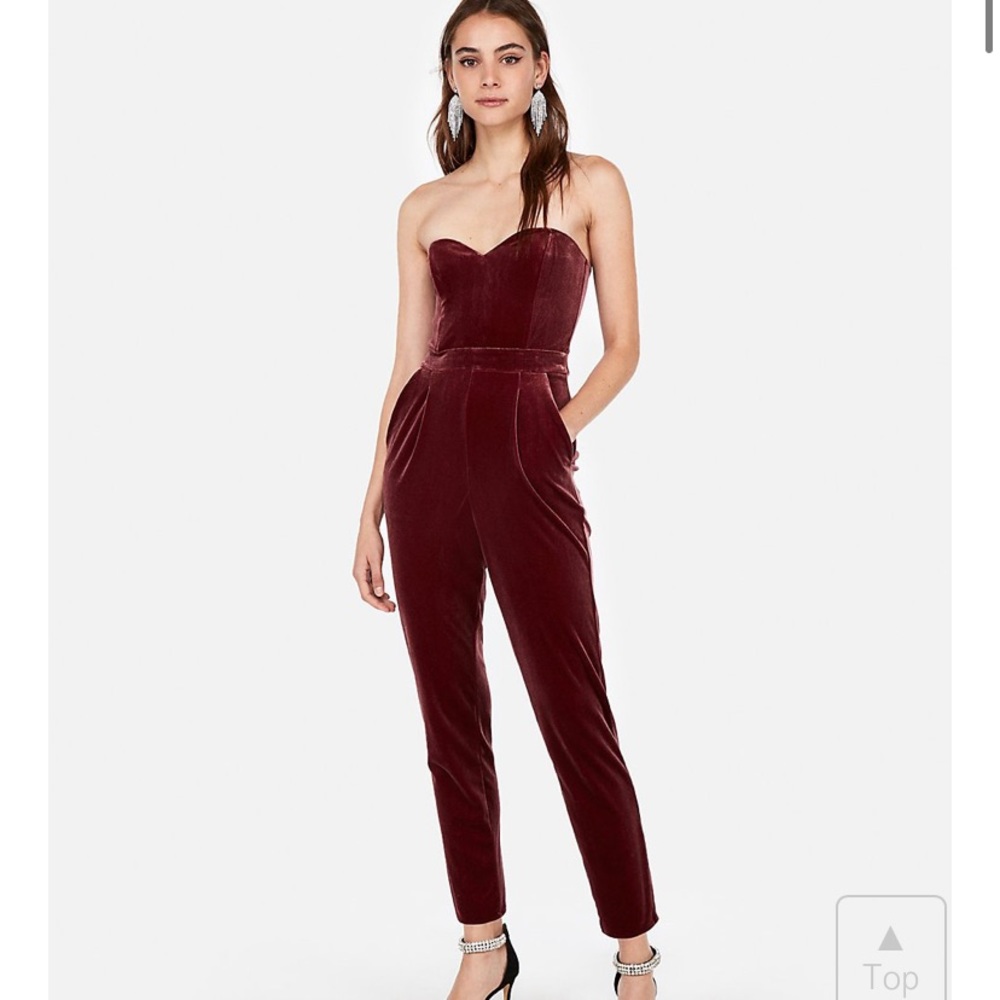 Express velvet strapless sweetheart jumpsuit
